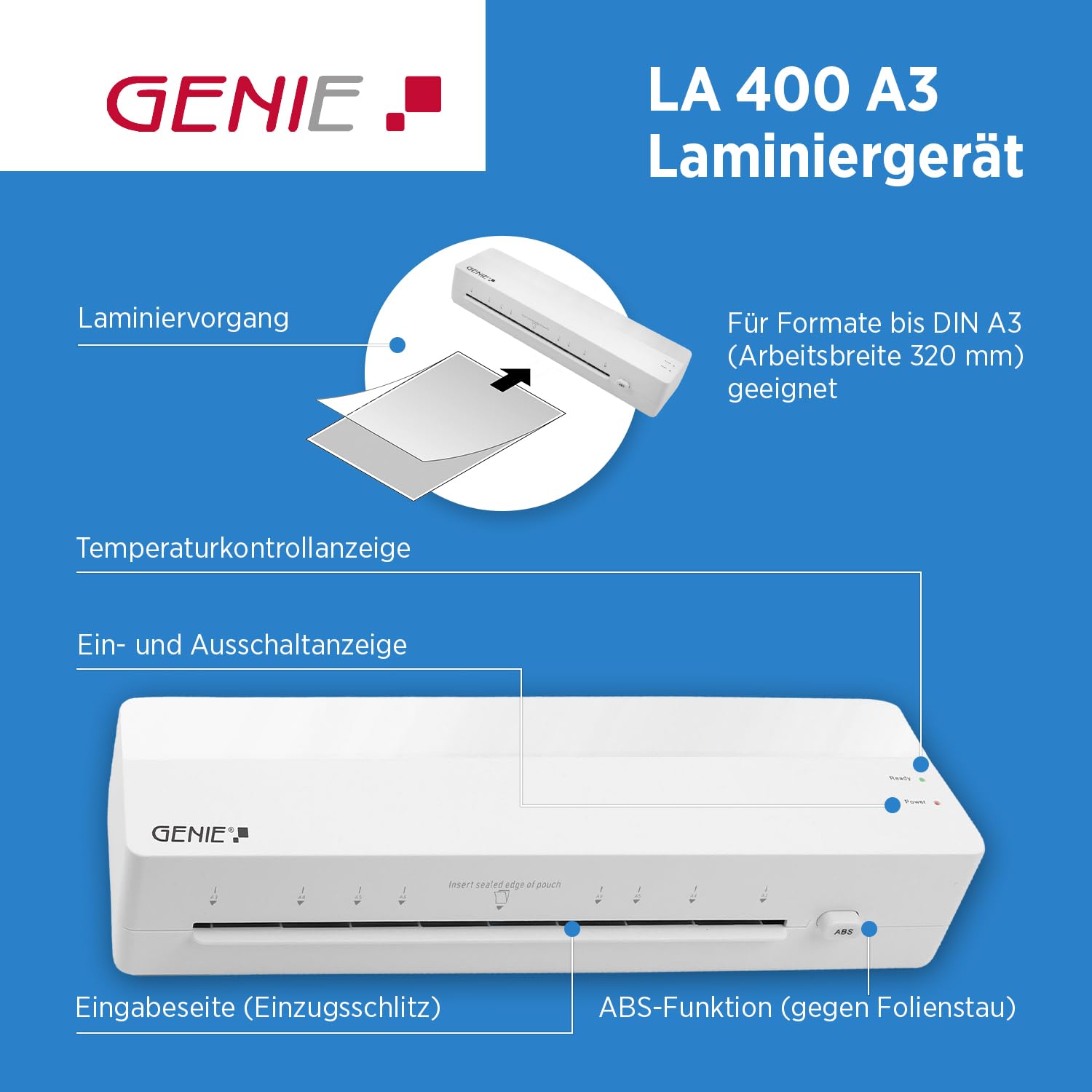 GENIE LA 400 A3 - Plastificatrice a caldo con 2 rulli riscaldanti, per scuola, ufficio e ufficio domestico, con 5 pellicole di laminazione, plastificatrice A3 e A4 con pellicole, plastificatrice
