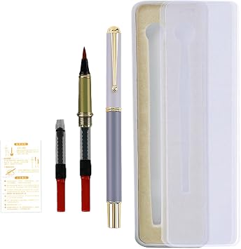 Huakaile Portable Pocket Metal Fountain Brush Pen with Case, Refillable Flexible Brush Tip Calligraphy Pen for Writing Lettering Illustration Art 1 Gray Pen, 1 Pen Tip, 3 Ink Converters