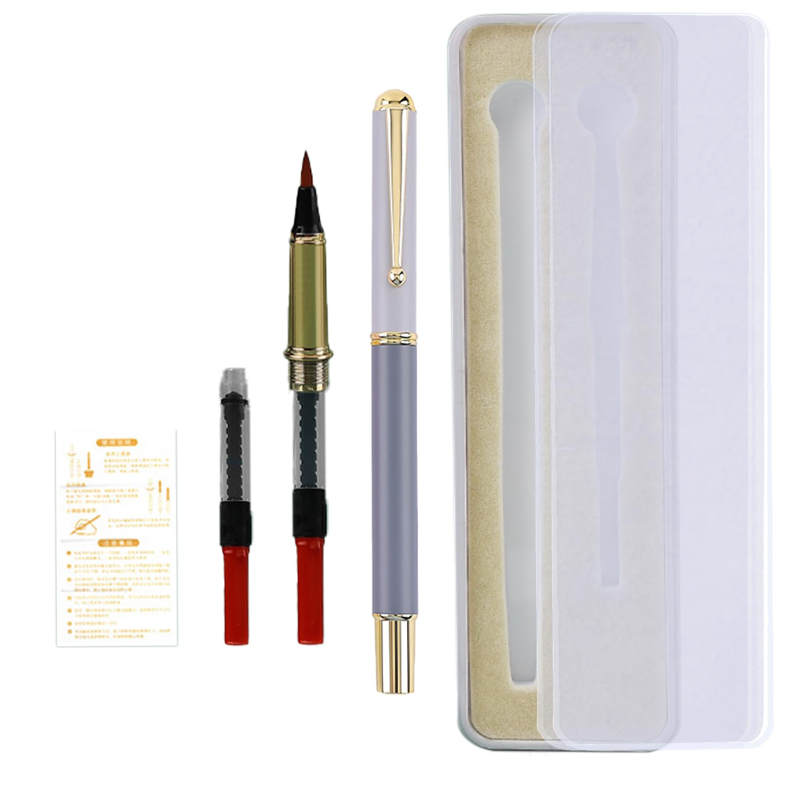 Huakaile Portable Pocket Metal Fountain Brush Pen with Case, Refillable Flexible Brush Tip Calligraphy Pen (1 Gray Pen