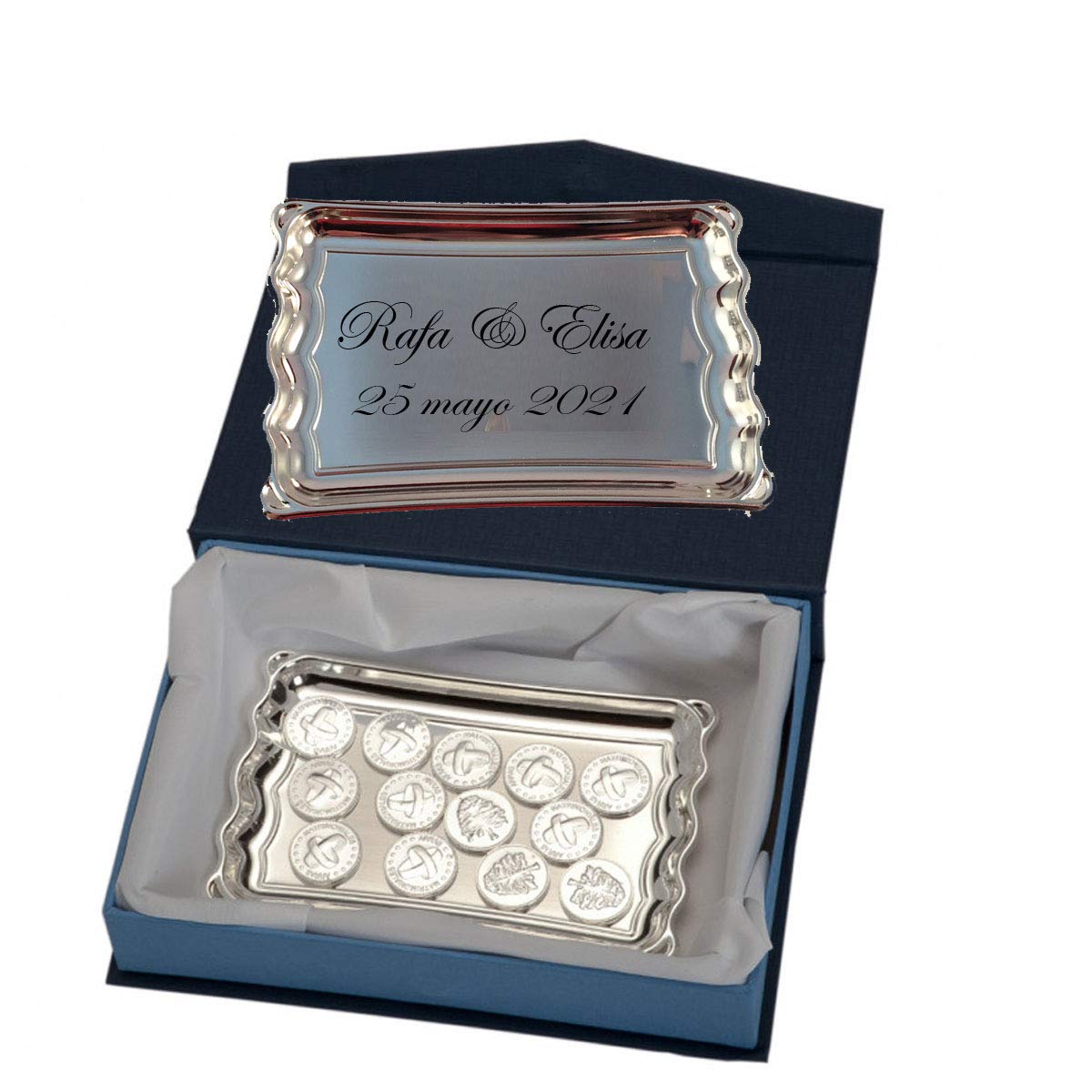 Curia Grabador - Arras de Boda Plateadas | Bandeja Grabada Personalizable | Elegancia y Tradición en tu Ceremonia | Estuche Incluido | Metal Plateado