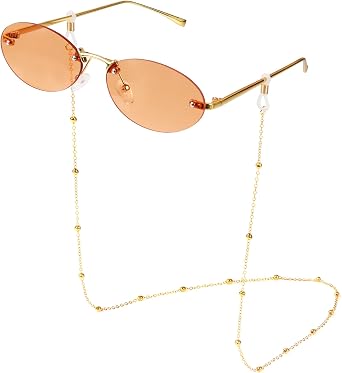 Trendy Rimless Oval Sunglasses with Eyeglasses Straps, Fashion Tinted Frameless Sunglasses, Vintage Small Round Eyewear, Retro Glasses for Women Men, Fashion Tinted Coloured, UV Protection