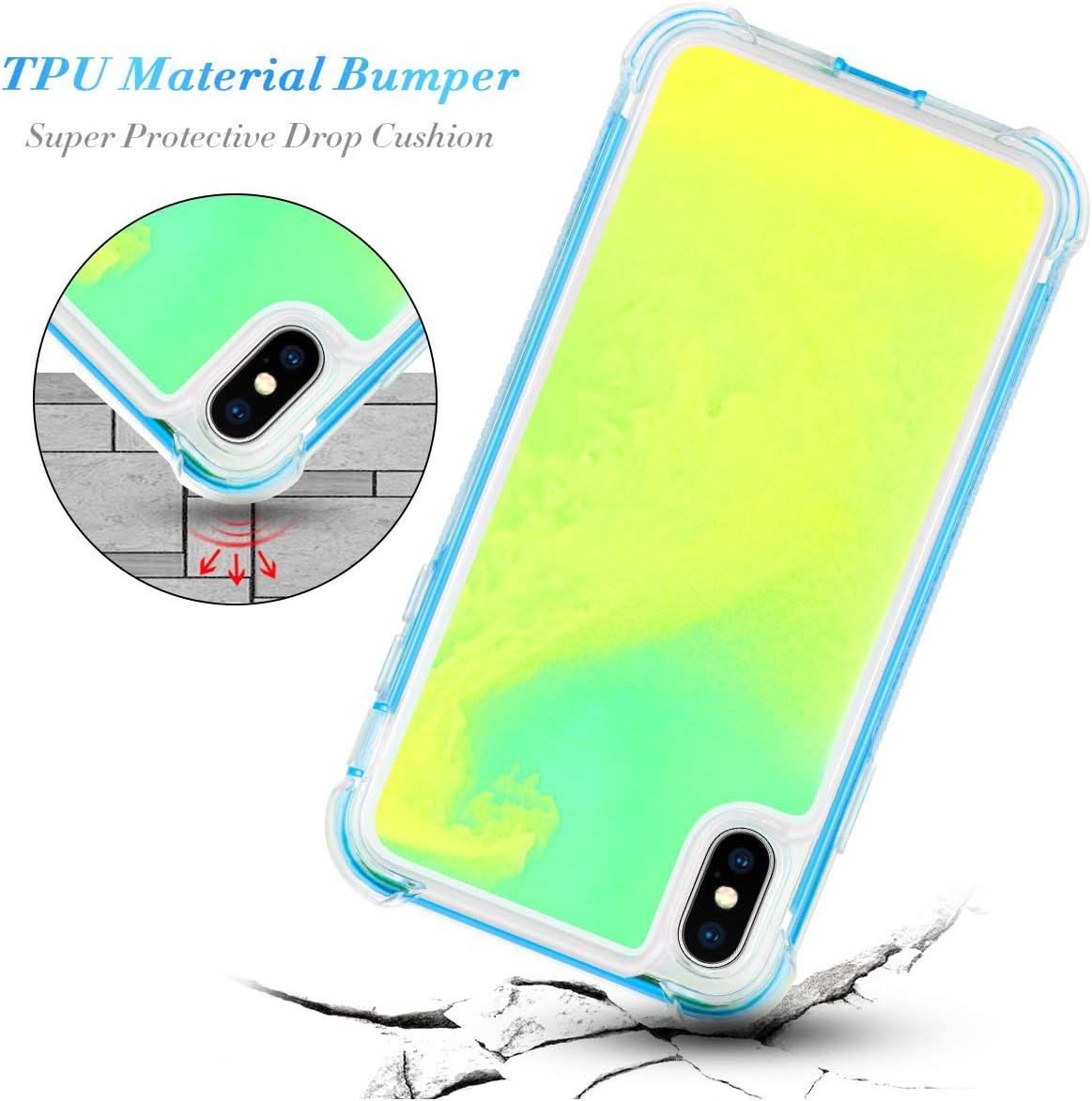 Caka Case for iPhone Xs Max Liquid Case Flowing Neon Quicksand Girls Women Fluorescent Heavy Duty Full Body Protective Rugged Glow Noctilucent Luminous Neon Sand Case for iPhone Xs Max (Green Yellow)