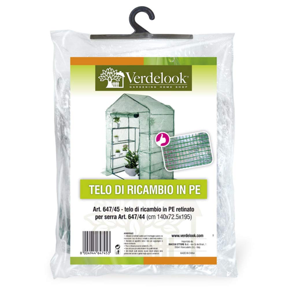 VERDELOOK | Telo di Ricambio in PE Retinato per Serra a 8 Ripiani Codice 647/5, Resistente, Protezione Piante, Apertura Frontale con Cerniera 144x74x195 cm