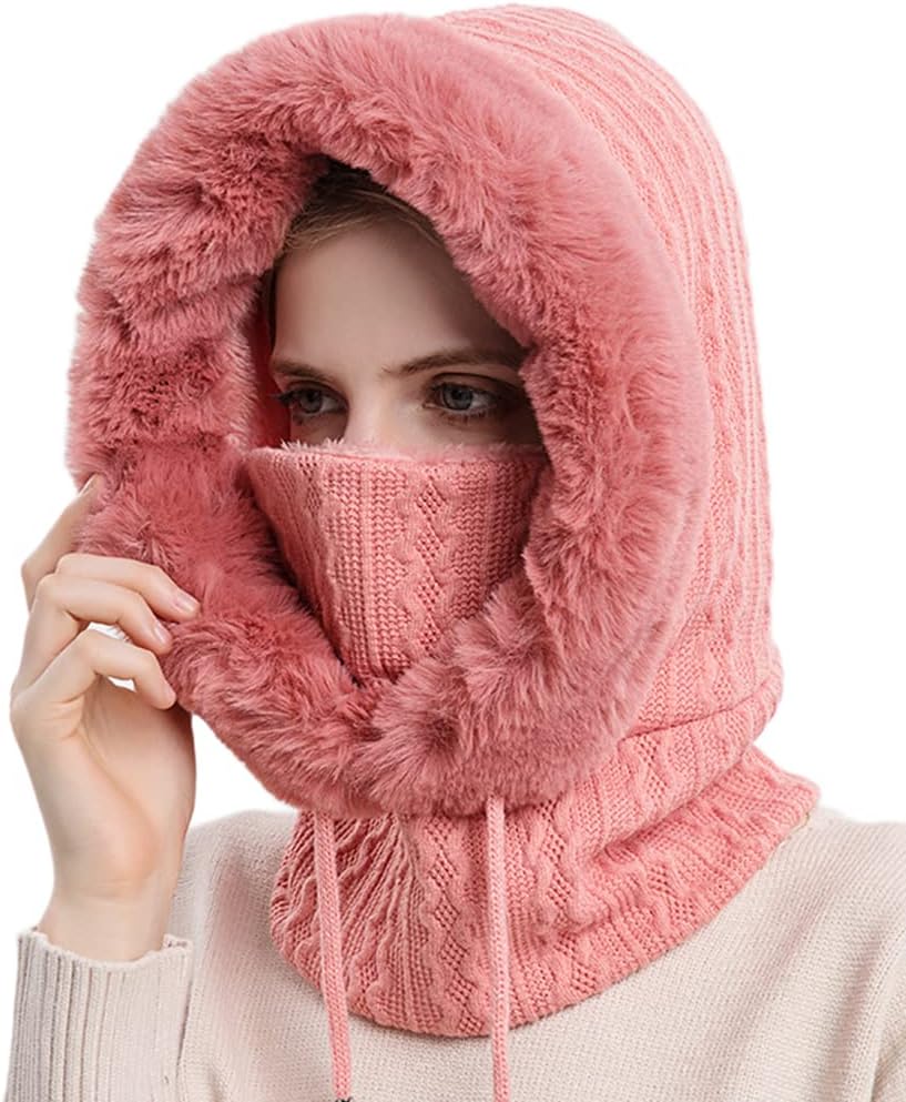 Women One Piece Slouchy Fleece Beanie Hats Scarf Mask Drawstring Warm Hooded Winter Balaclava Pullover Knitted Hat - Image 2