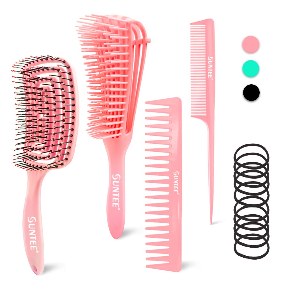 Suntee 14Pcs Detangling Brush Set, Hair Detangler Brush for Afro America Type 3A to 4C, No More Tangle Hairbrush Combs for Wavy/Curly/Coily/Oil/Thick/Long/Dry/Wet Hair, Pink, with Hair Bands