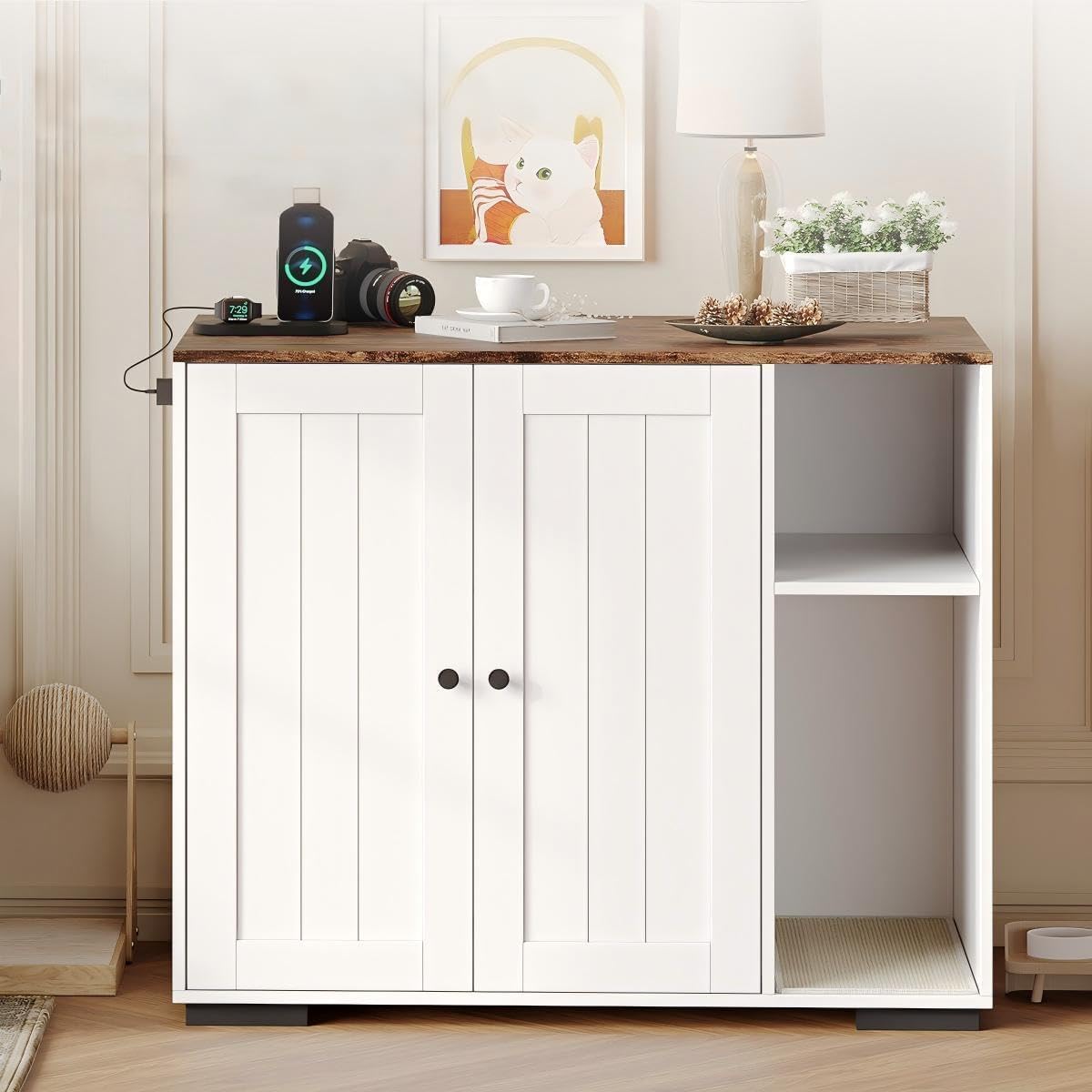 Litter Box Enclosure Cabinet, Built-in Power Outlet & 5 Ft Cord, Cat Litter Furniture with Dog-Proof Shelf and Mat, Fits Most Self-Cleaning Litter Boxes, White