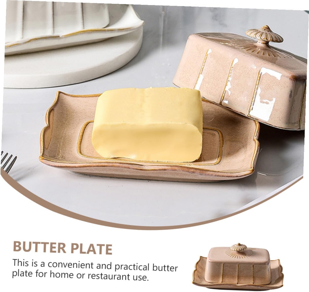 Ceramic Butter Box with Lid for Snack Service Plate Food-grade Porcelain Storage Tray for Butter Cheese Desserts and Snacks Tableware Dish in Khaki Color Freshness-preserving