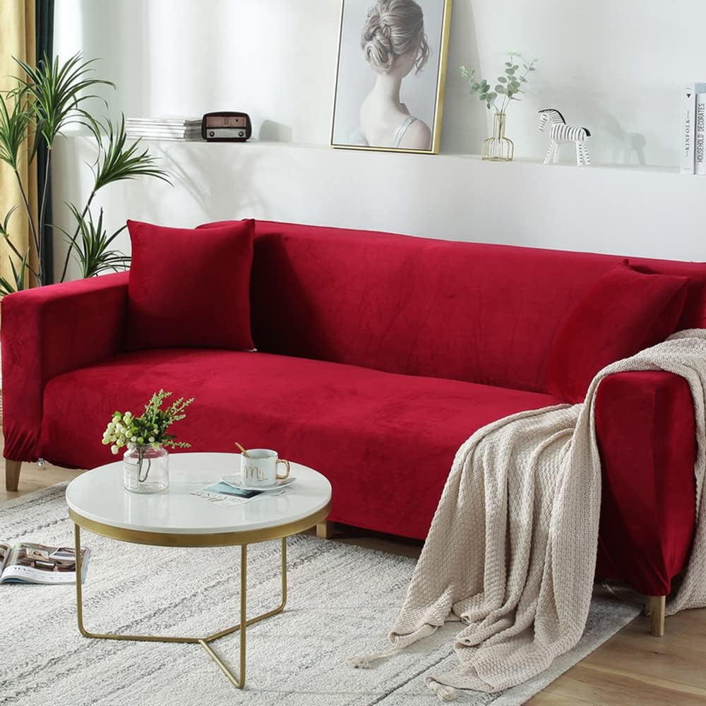 YOPOIY Stretch Velvet Sofa Cover Non-Slip Sofa Slipcover for Loveseat 3 4 Cushion Sofa L Shaped Sofa, Sofa Protector with Elastic Bottom, Washable -Brown-4 Seater(235-300cm)