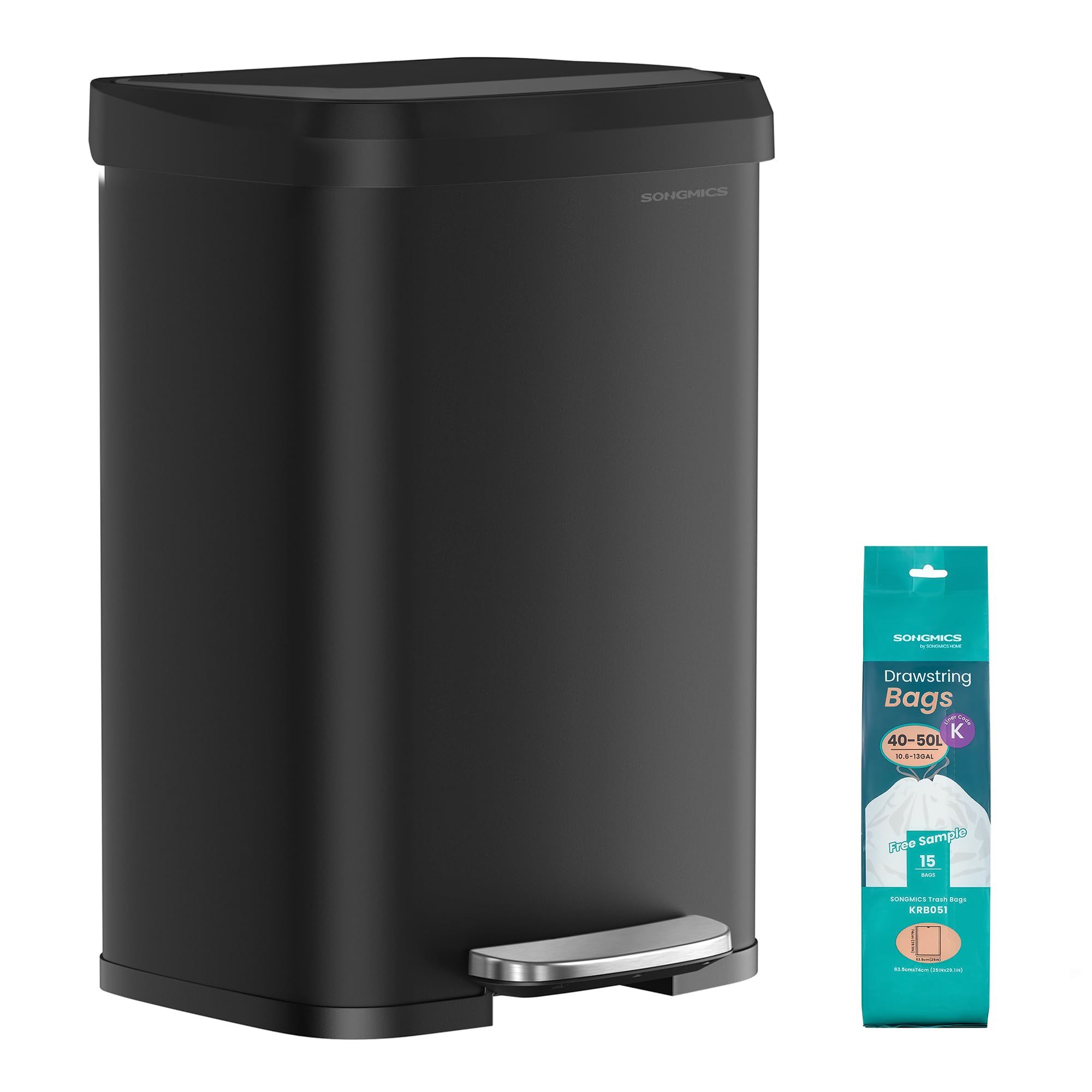 SONGMICS Cubo de Basura de Cocina, 50 L, Cubo de Basura de Metal con Pedal y Tapa, Alto y Grande, Negro LTB530B5002