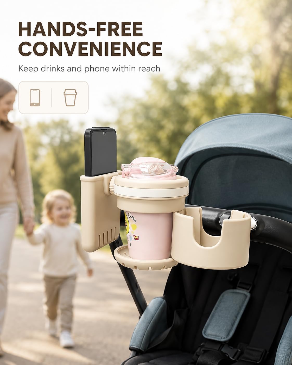 3-in-1 Stroller Cup Holder with Phone Holder, Dual Cup Holder with Upgraded Double Clamp, Universal Cup Holder for Stroller, Walker, Wheelchair & Bike, Anti-Spill Stable Drink Organizer (Khaki)
