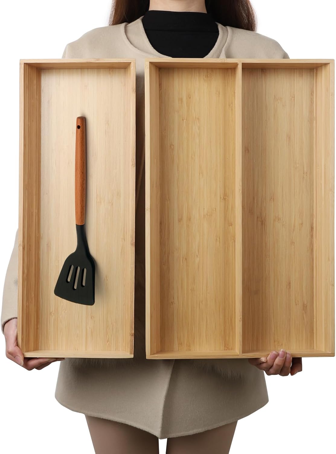 V-Shaped 2-Pack 19.6" Long Bamboo Drawer Organizer Box - Easy Reach Kitchen Utensil Flatware Silverware Cooking Tools Storage for Home Bedroom Bathroom (19.6"x12.4"/19.6"x7.8")