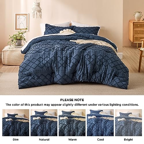 Image of Bedsure King Comforter Set - Navy Blue Comforter, Boho Tufted Distressed Vintage Bedding for Kids, 3 Pieces Farmhouse-Style Bed Set for All Seasons, Fluffy Soft Bedding with 2 Pillow Shams