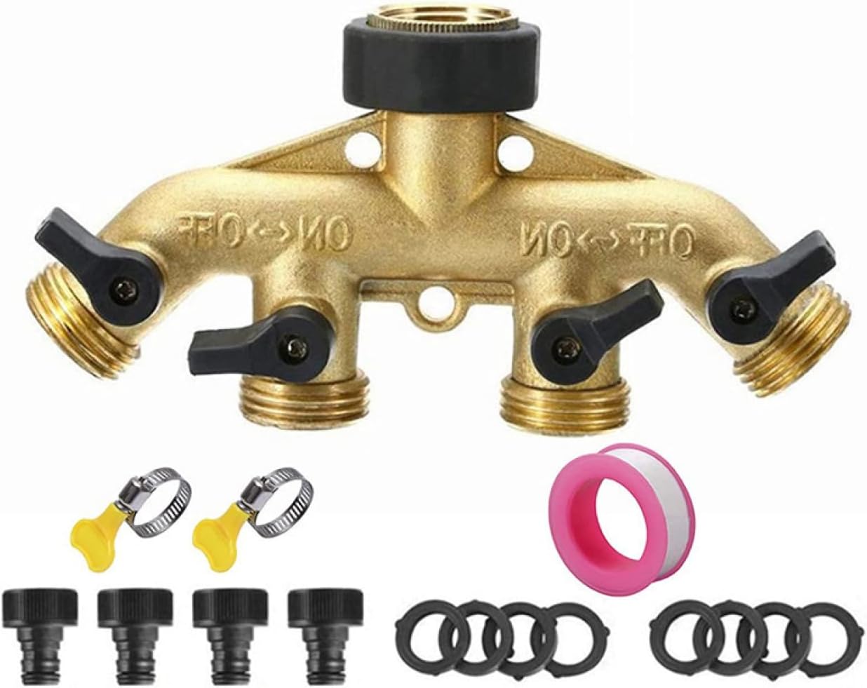 SagaSave 4 Way Hose Splitter for 3/4 Inch (DN20) and 1/2 Inch (DN15) Tap, Garden Hose Splitter 4 Way Solid Brass Hose Connector Kit 4 Way Hose Adapter Set
