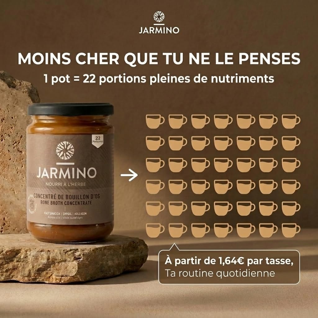 JARMINO Bouillon d’Os Bio Concentré, Bone Broth de Bœuf Élevé en Pâturage et Nourri à l’Herbe, Bouillon Liquide avec Collagène Types 1 2 3, Keto Paleo AIP, 220 g, 22 Portions