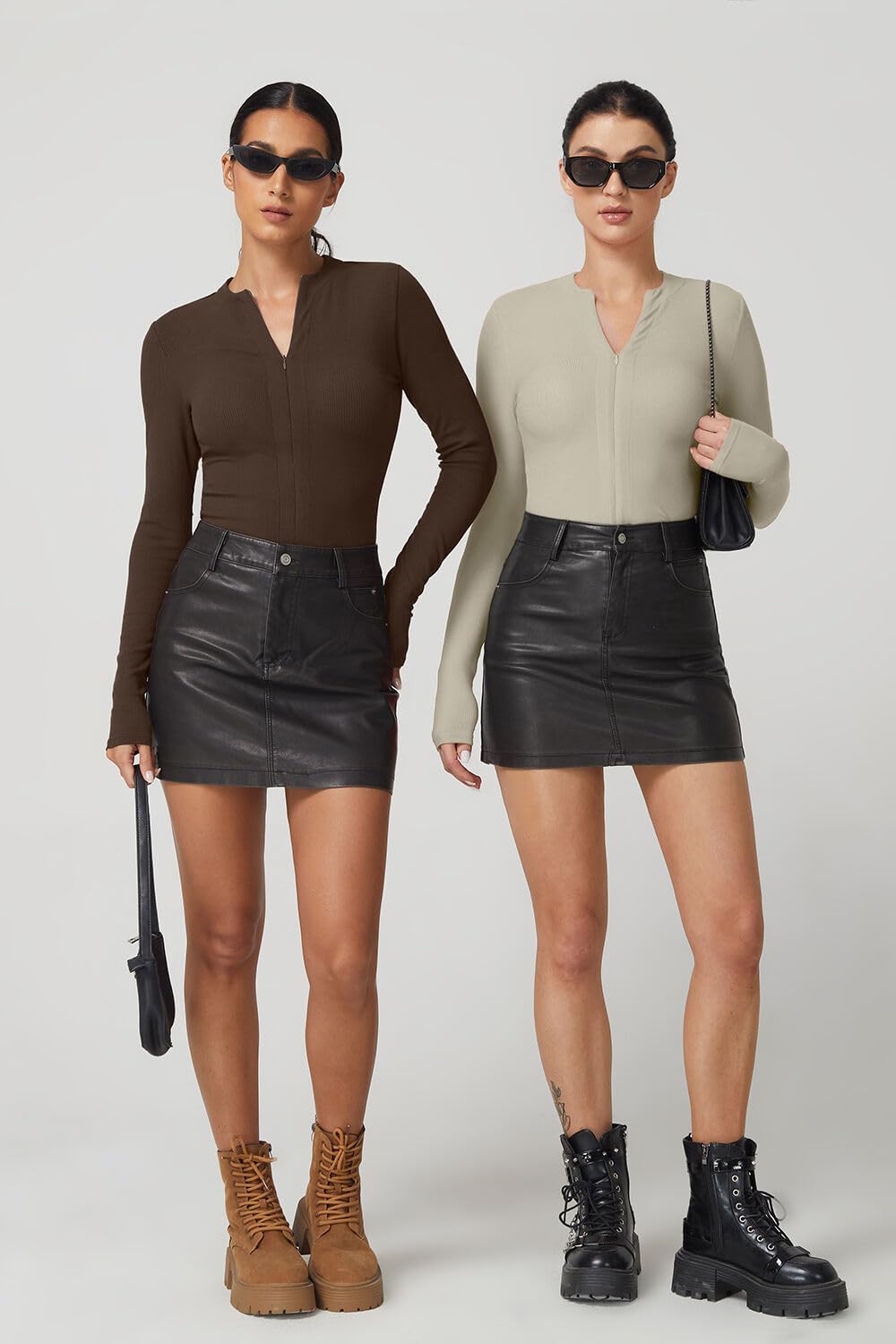 QINSEN Long Sleeve Shirts for Women V Neck Half Zipper Ribbed Knit Going Out Tops Full Length Basic Tee - Image 6