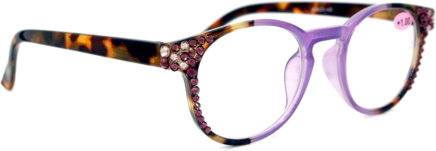 Zora, Round, Bling Reading Glasses For Women, Adorned w Genuine European Crystals. Tortoiseshell and : Snow Leopard, Black Diamond NY Fifth Avenue.