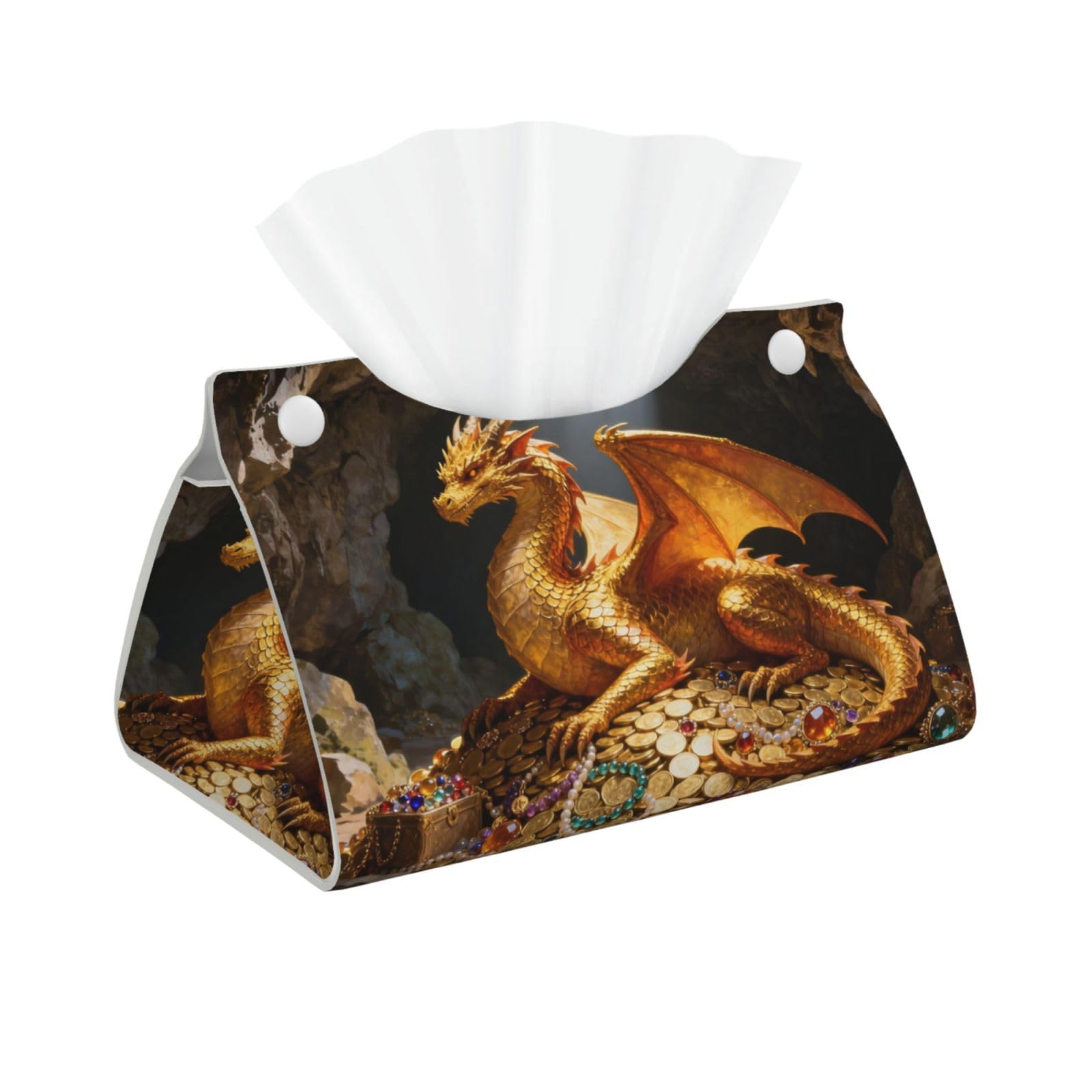 Golden Dragon Pattern Long Leather Tissue Box Cover-Waterproof PU Leather Tissue Holder for Bathroom, Decorative Rectangular Tissue Case