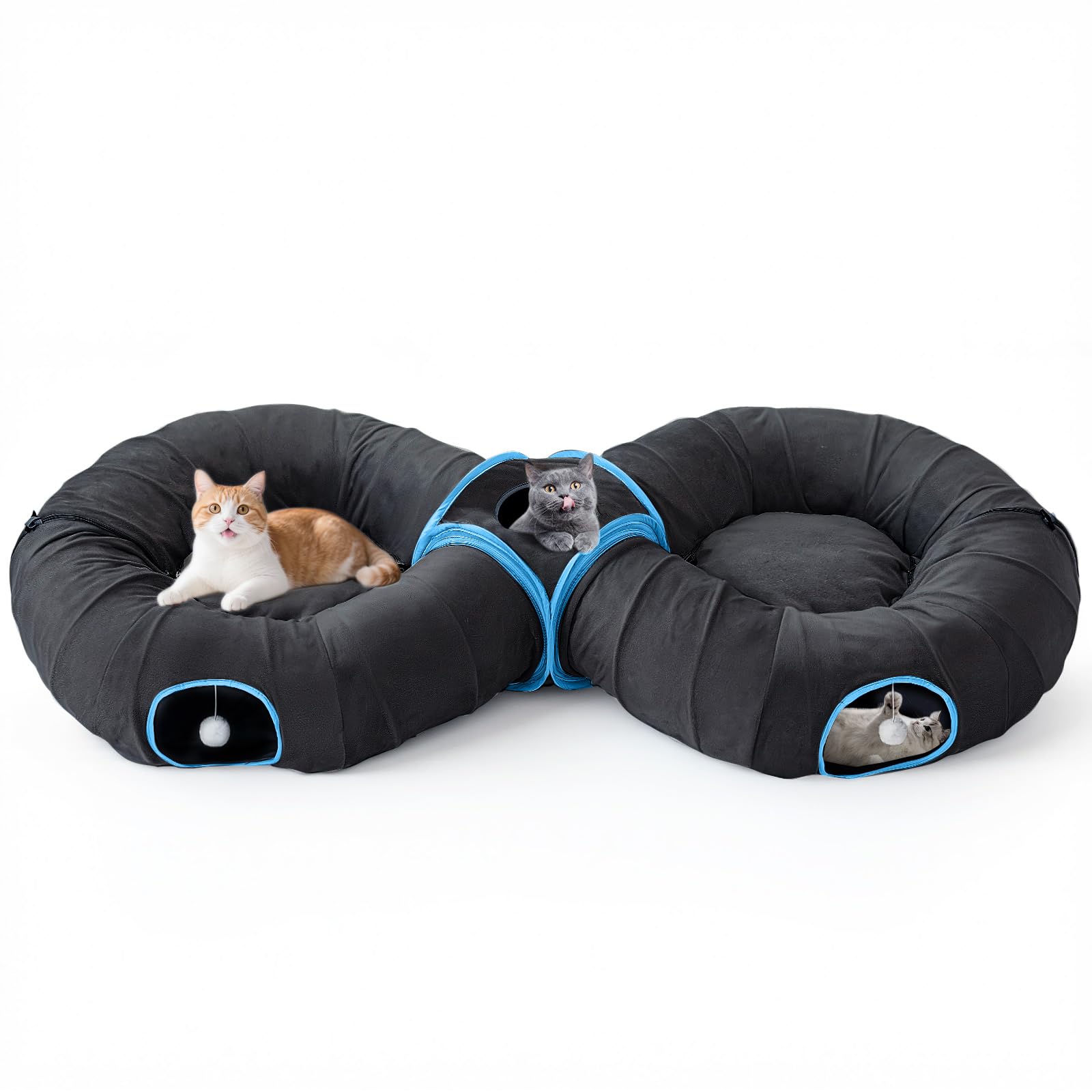 Pawaboo 2-in-1 Cat Tunnels Bed, Dual Splicing Cat Tubes with 2 Central Plush Cushions, Foldable Cats Cave Hideout Indoor Kitty Toys with Fluffy Balls, Kitty Tunnel Great for Kitten Rabbit Ferret