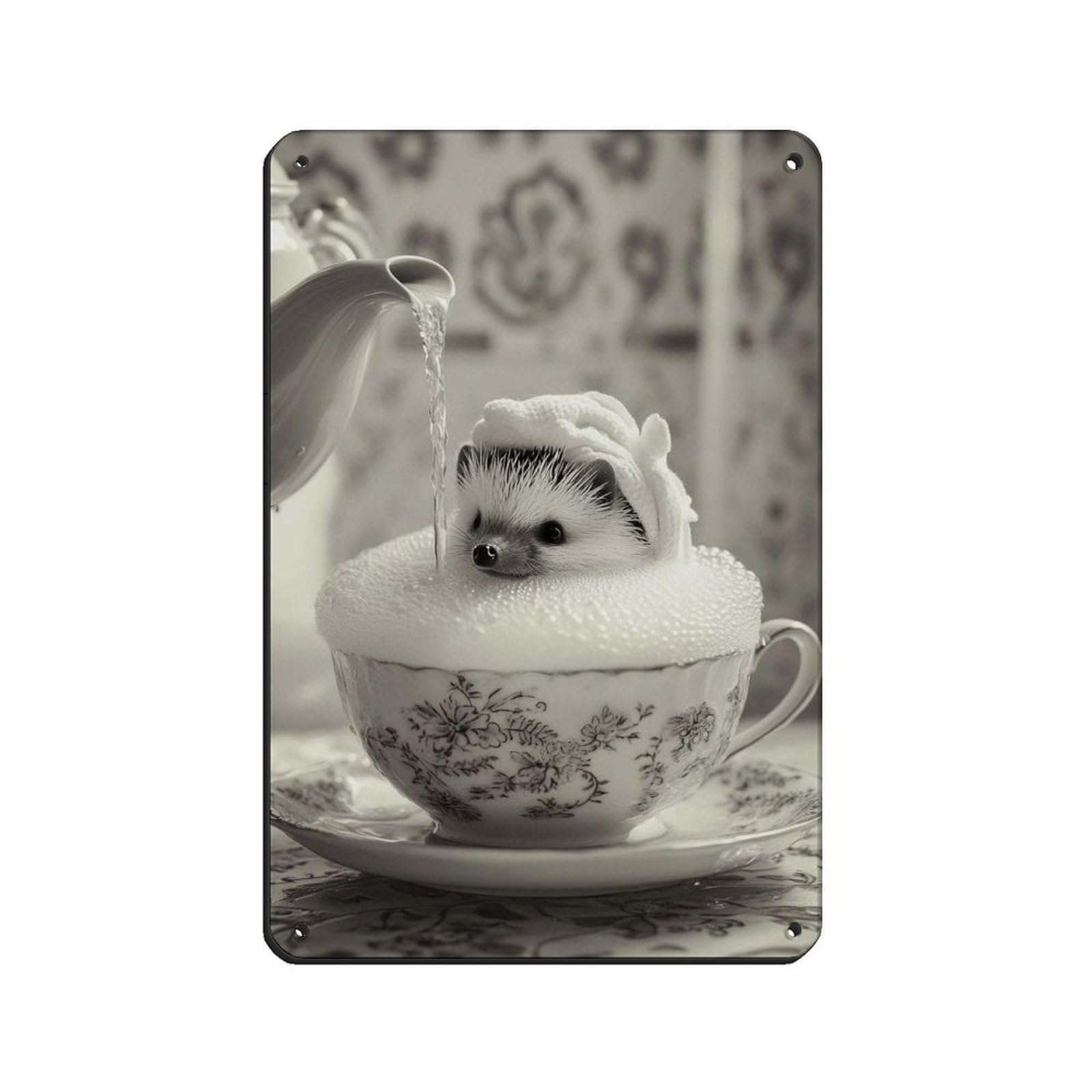 Cute Hedgehog in Teacup Retro Poster Metal Tin Sign Chic Art Retro Iron Painting Bar People Cave Cafe Family Garage Poster Wall Decoration 8x12inch(20x30cm)