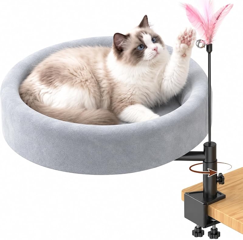 Cama suspensa giratória 360° para gatos em mesa CALLRIOTUS, com capa lavável, cinza