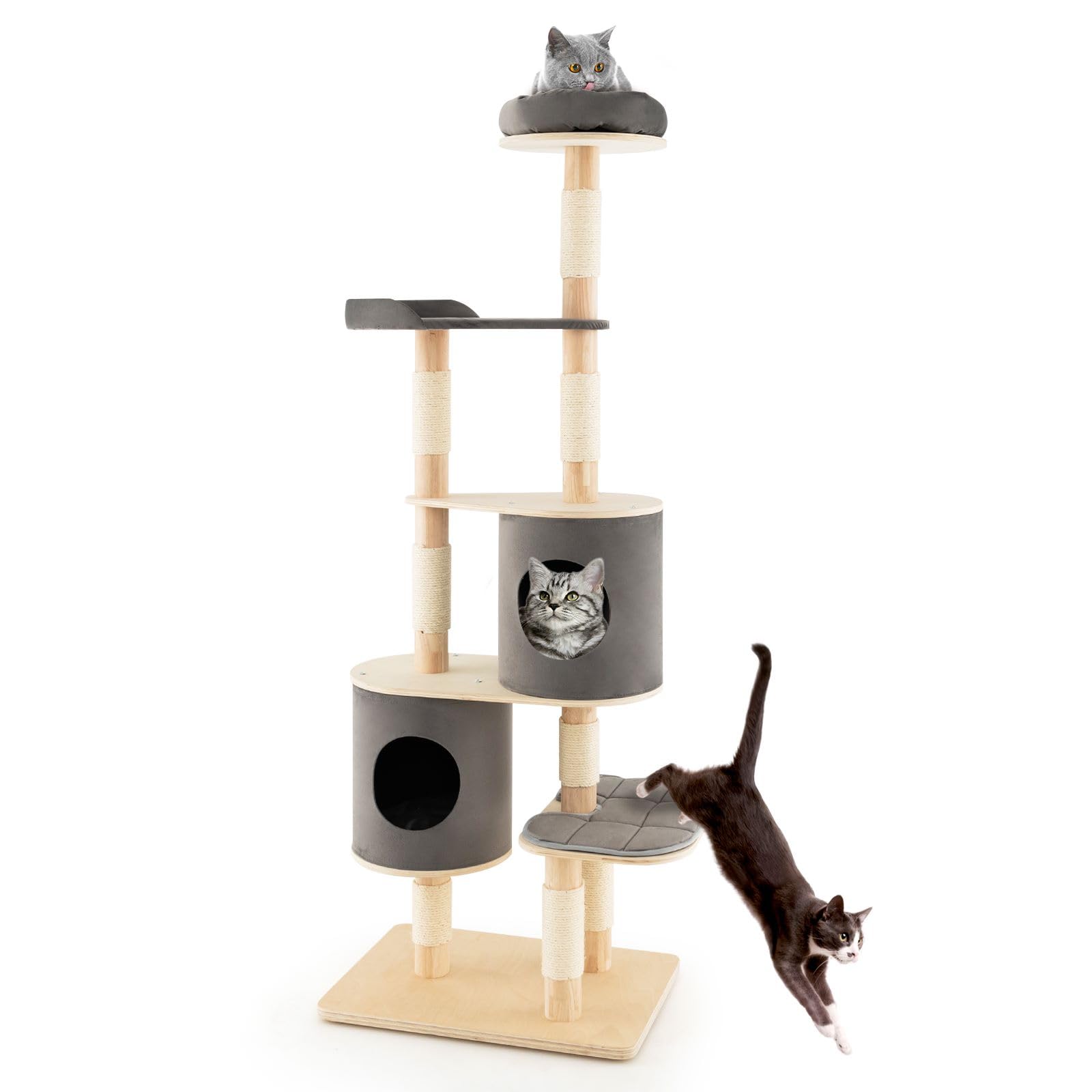 GYMAX Cat Tree, Cats Play Tower House with Plush Perch, Scratching Posts, Platform and 2 Condos, Kitten Activity Centre for Climbing, Scratching and Sleeping (Gray)
