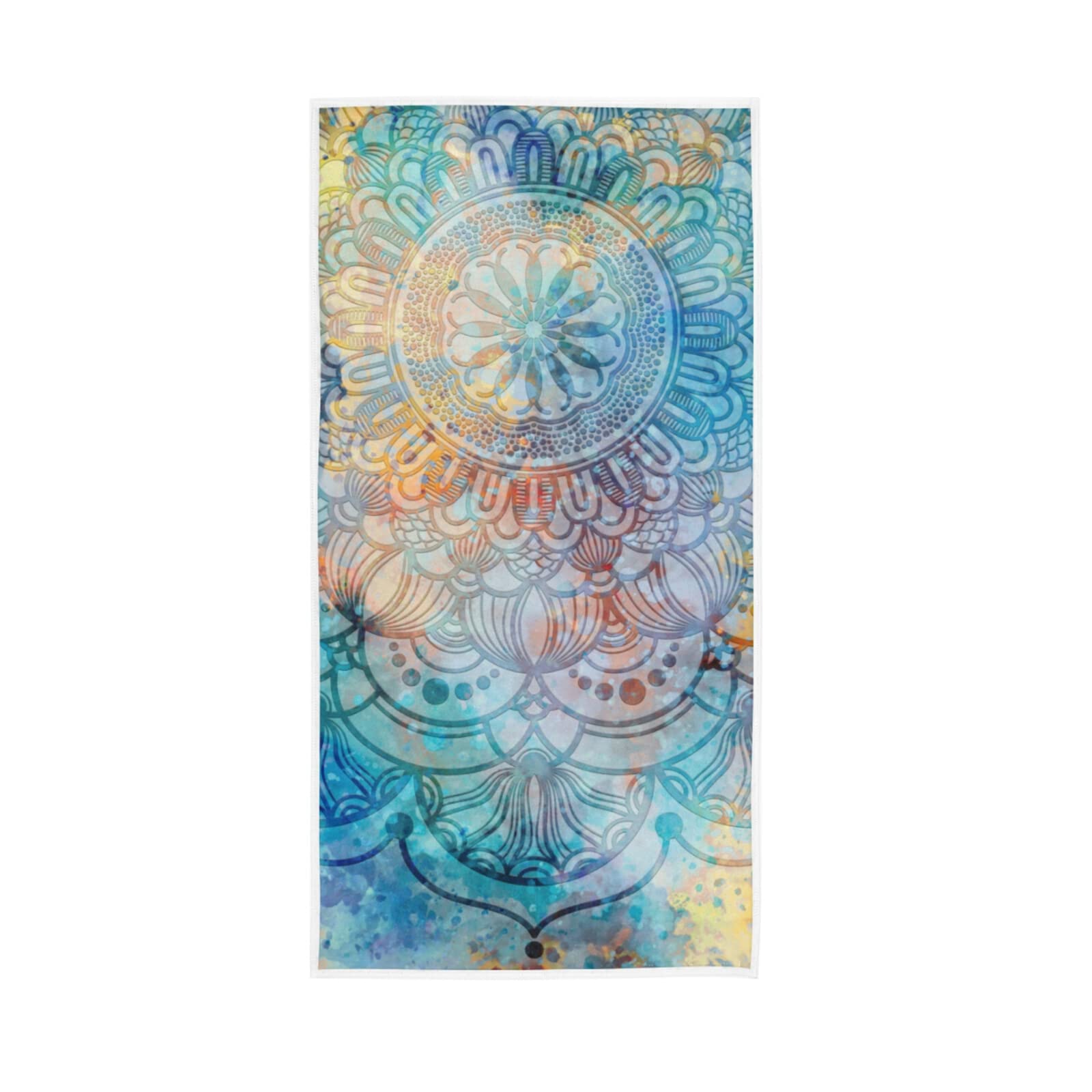 LSRCPD Ethnic Tribal Mandala Turquoise Blue Watercolor Abstract Mandala Soft Hand Bath Towel 30" x 15" Thin Fast Drying Absorbent Soft Towels for Kitchen Gym Spa Hotel Beach