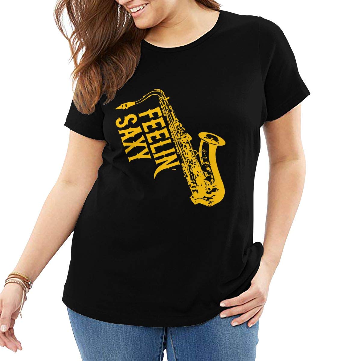Feelin Saxy Saxophone Women's Plus Size Lightweight Tops Graphic Loose Fit T Shirt