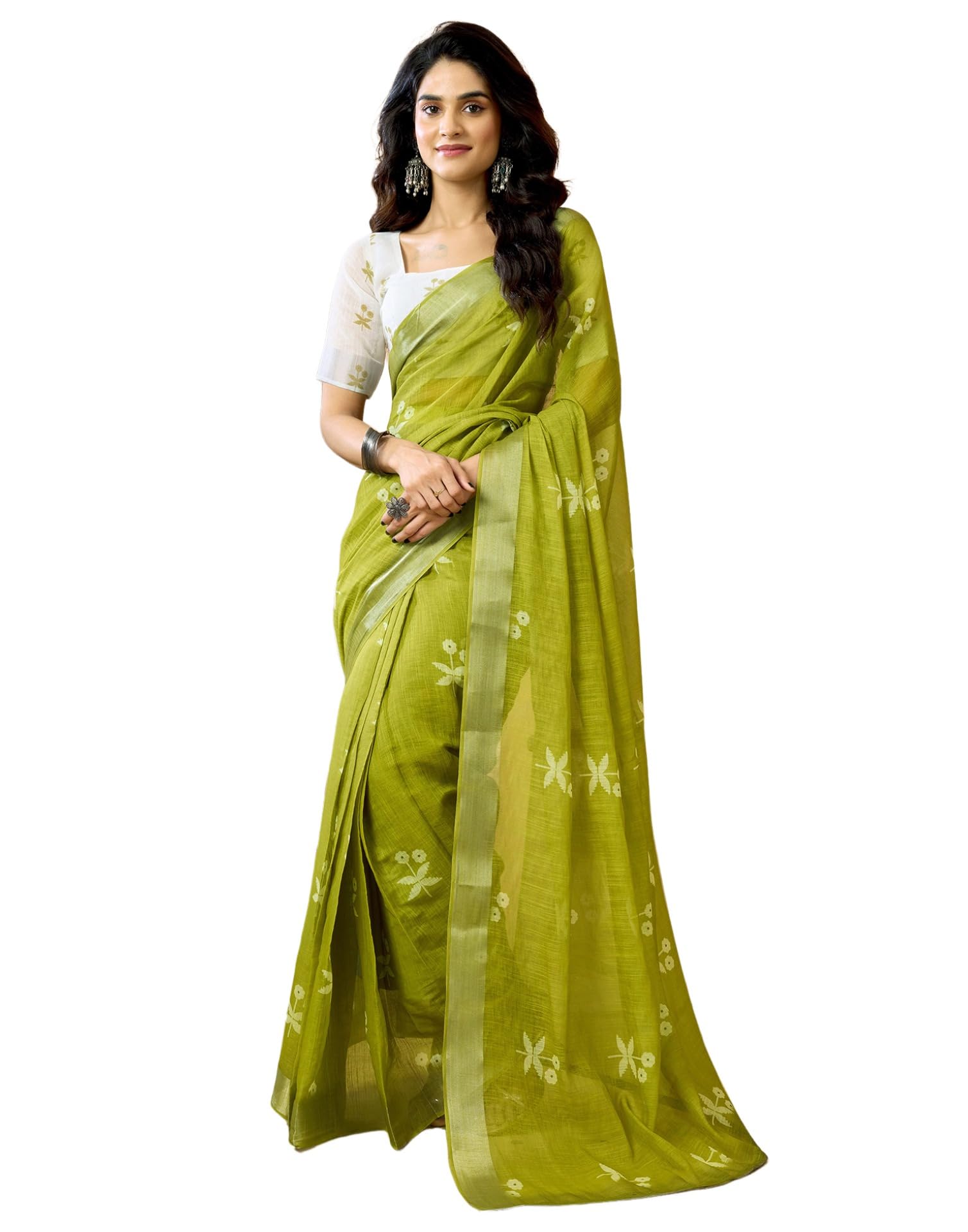 SIRIL Women's Printed Cotton Linen One Minute Ready to Wear Saree With Unstitched Blouse Piece