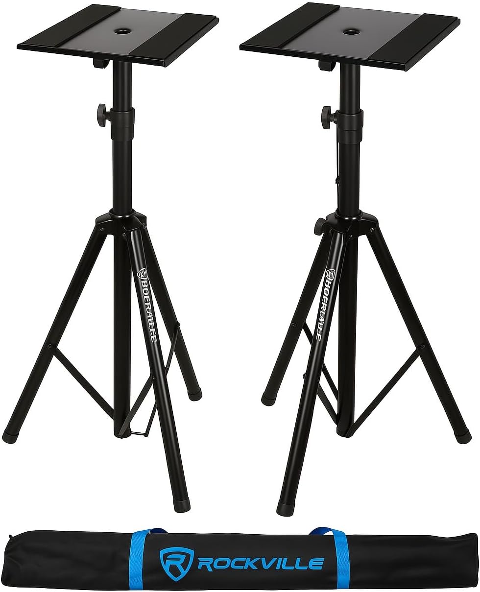 Rockville Bundle: (2) Tripod DJ PA Speaker Stands + Carrying Case Black RVSS2 Bundle with (2) ACC5 Monitor/Laptop Shelf Accessory for 35MM Pole Mount Speaker Stand (3 Items)