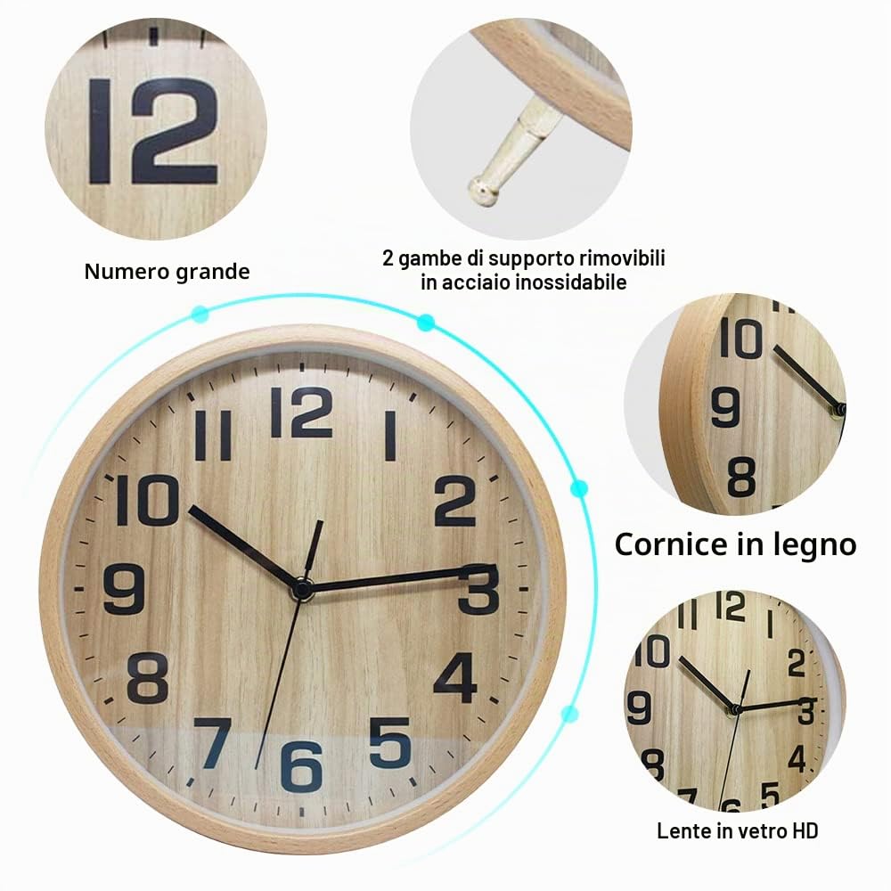 Orologio da parete al quarzo in legno da 10 pollici da 25 cm moderno silenzioso orologio da parete in legno orologio da tavolo per soggiorno, camera da letto, ufficio, cucina