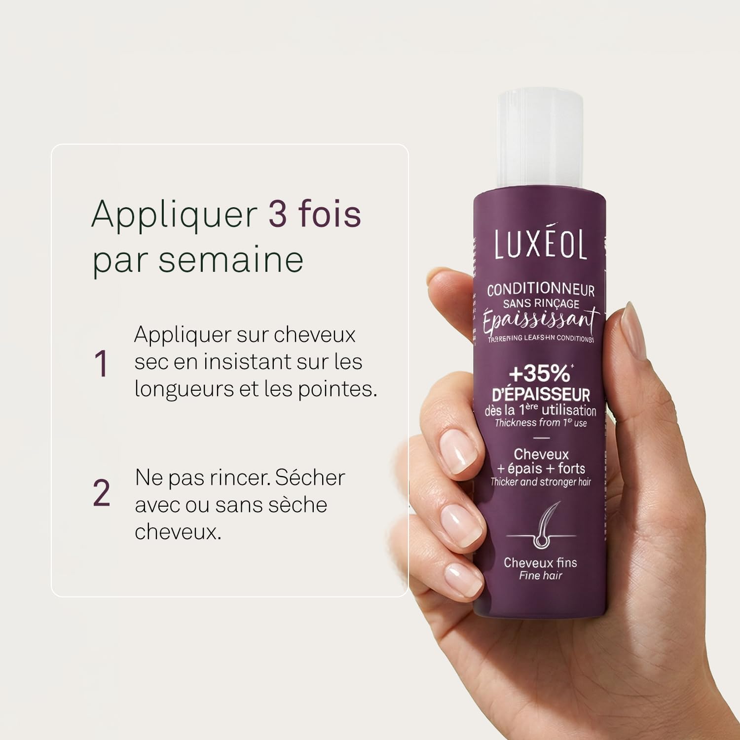 LUXEOL - Conditionneur Epaississant Sans Rinçage - +35% D'Epaisseur Dès la 1ère Utilisation* - Efficacité Prouvée - à l'Algue Rouge, Protéine de Riz & Acide Hyaluronique - Fabriqué en France - 150 ml