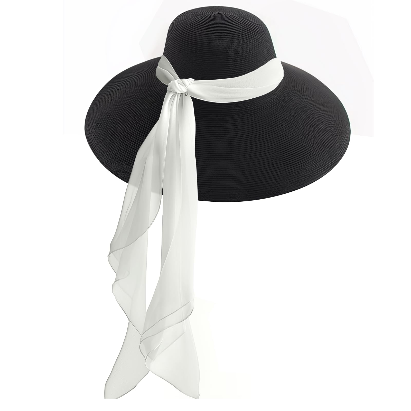 Utopiat Women’s Adjustable Black Straw Wide Brim Hat – Audrey MIU Summer Hat with Removable 100% Silk Scarf and Brim Options