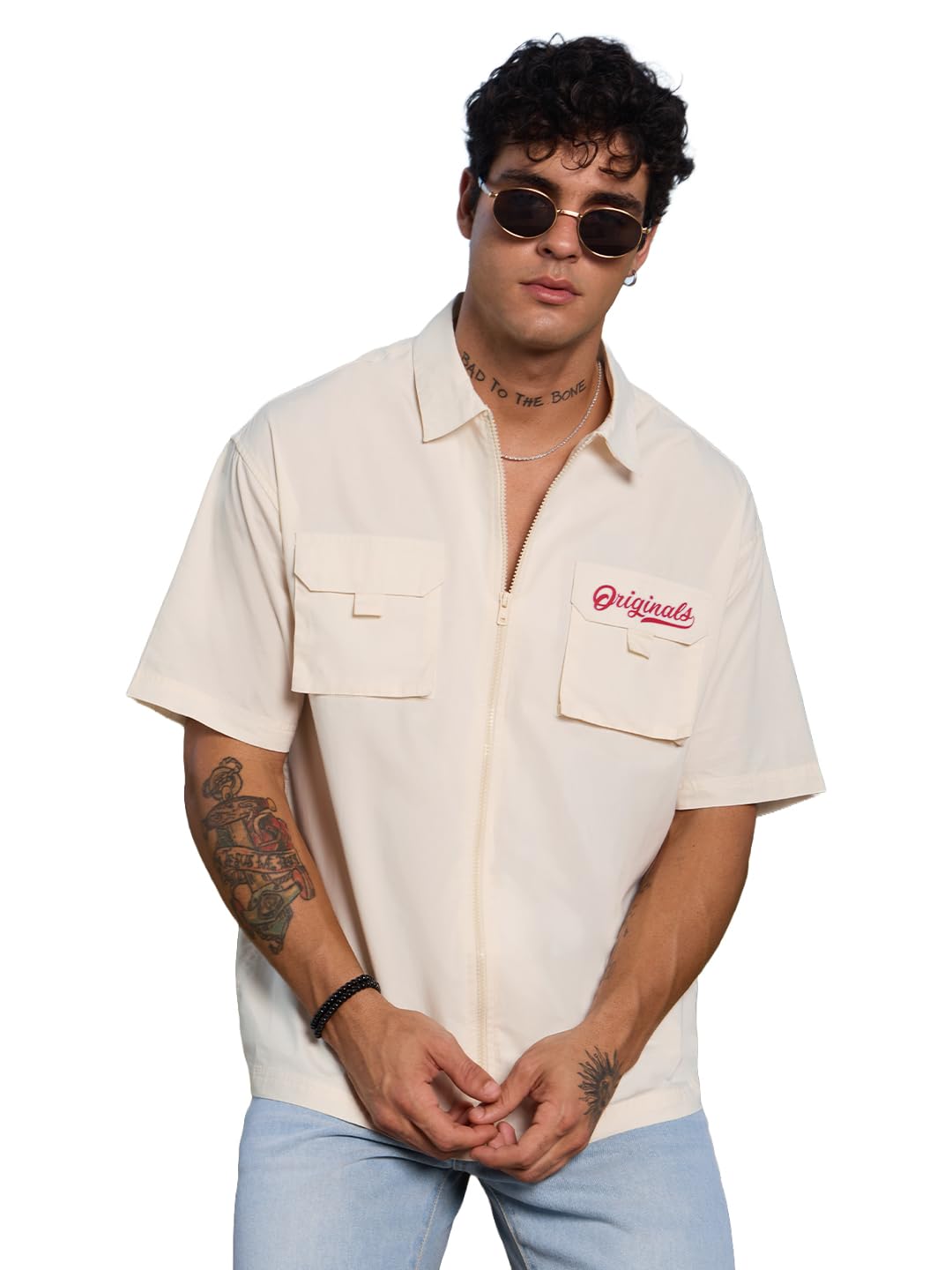Solids: Off-White Men and Boys Short Sleeves Collared Neck Button Front Regular Fit Cotton Utility Shirts-image-13