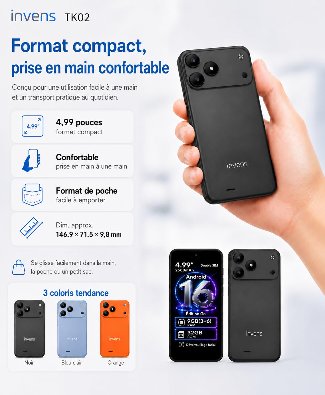 invens TK02 Téléphone Portable 4G Débloqué, Android 16 Go, 9 Go RAM, Noir | Écran compact 5 pouces, 32 Go extensible à 256 Go, double SIM, Face ID, batterie amovible 2500 mAh, USB-C & prise jack 3,5 mm