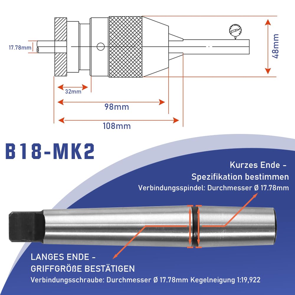 Schnellspannbohrfutter B18 Bohrfutter 1-16 mm + MK2/MT2 Kegeldorn Präzisionsbohrfutter für Drehmaschine Bohrmaschine MK2/MT2 Austreiblappen