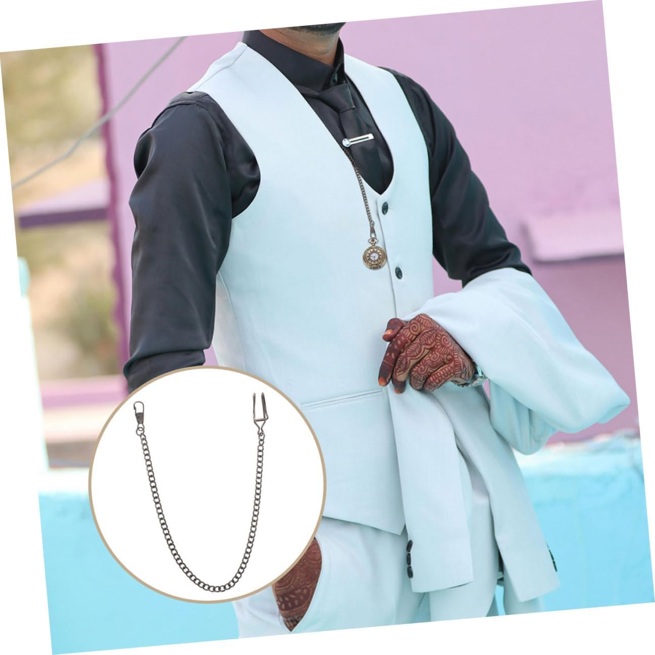 Outanaya 3pcs Vintage Clip Pocket Watch Chains Metal Fob Pendant 14.93 Inch Alloy Chains for Men Wedding Business Dinner Accessory