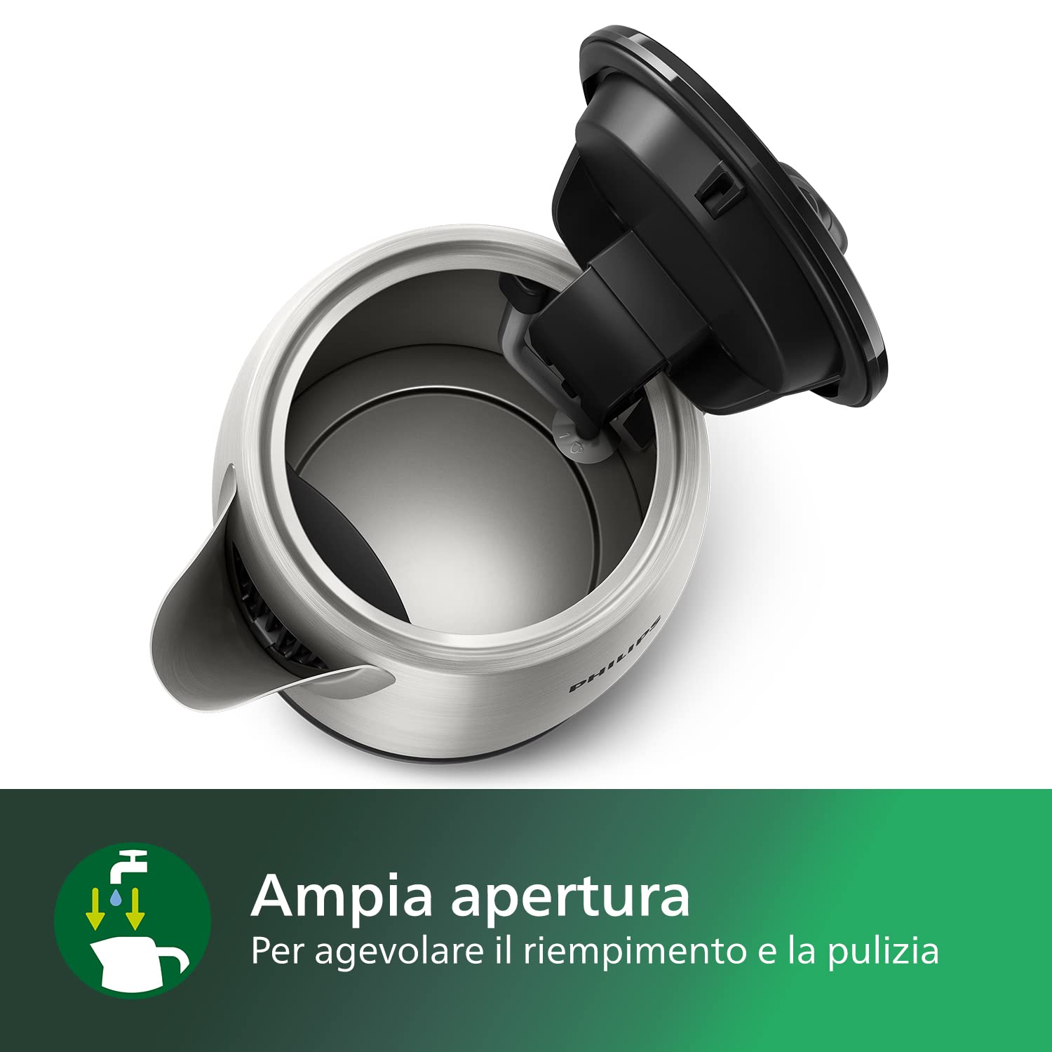 Philips Daily Collection Bollitore Elettrico in Metallo – Acciaio Inox per Uso Alimentare, Resistenza Piatta a Bollitura Rapida, Filtro Anticalcare, Coperchio a Molla, 1,7L, Spia Luminosa (HD9350/90)
