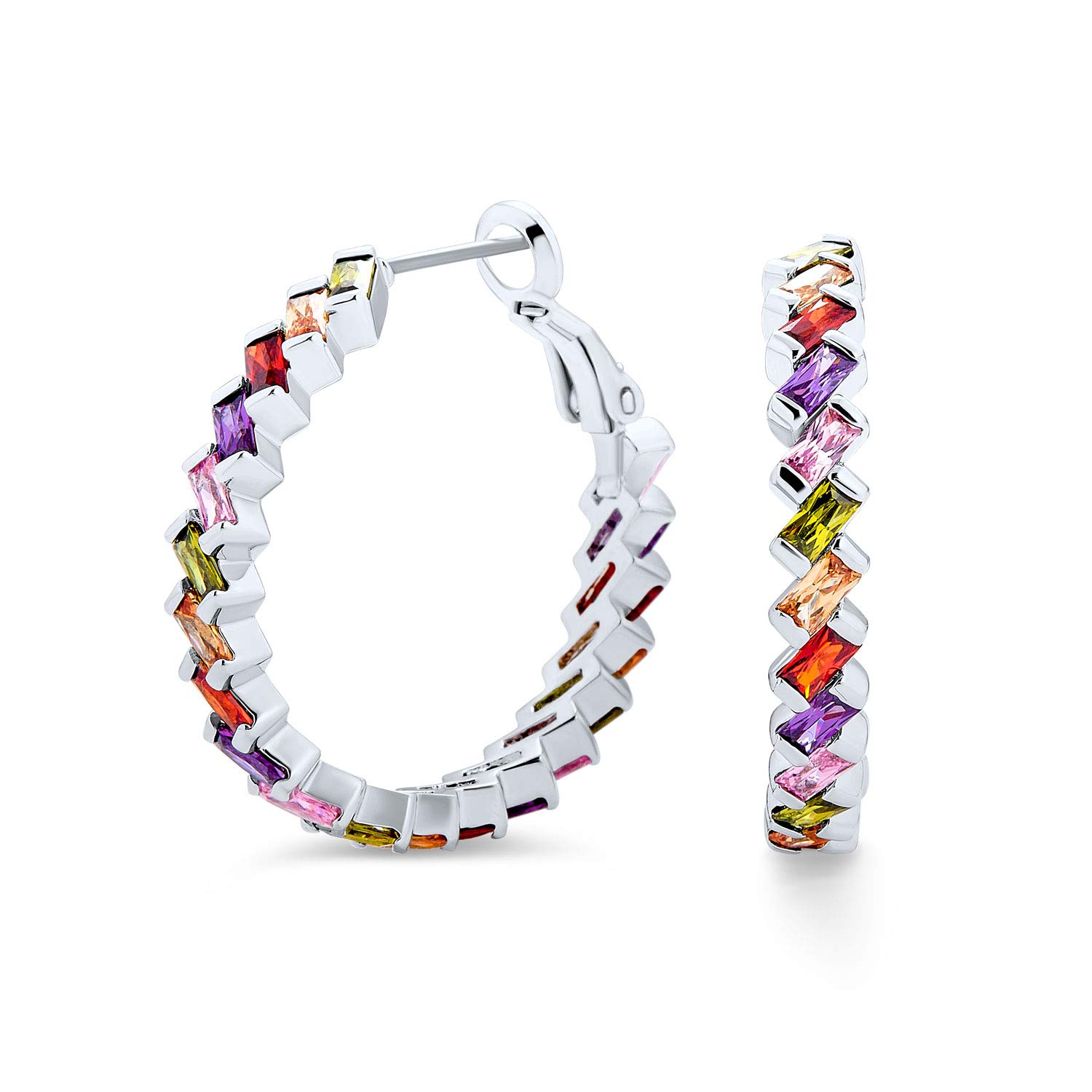 Wedding Modern Bridal Clear Cubic Zirconia Multi Color AAA CZ Baguettes Statement Large Pearl CZ Inside Out Hoop Earrings For Women Rose Yellow Gold Silver Plated Clear Or Multi Color 1.25 Inch