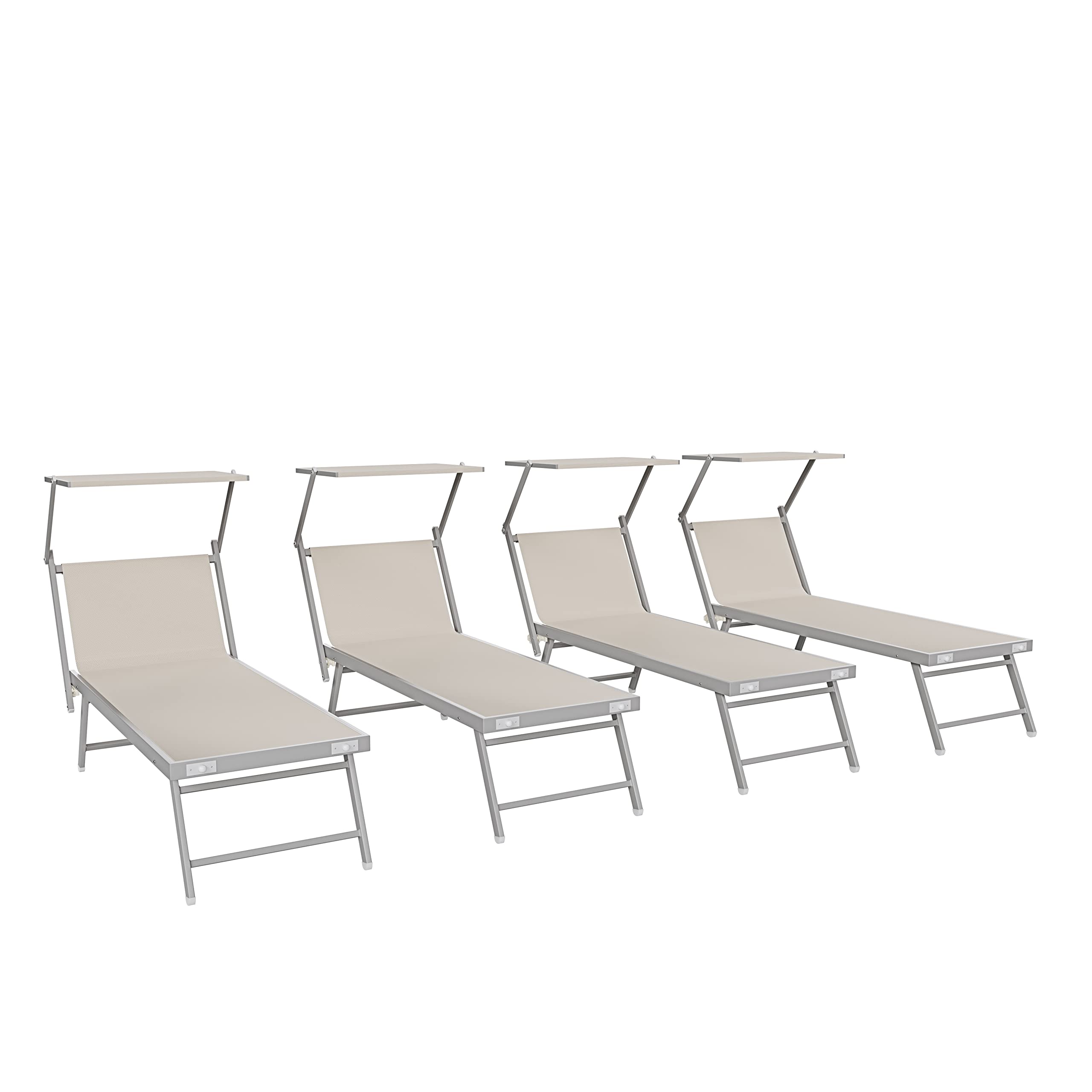 Bricozone Set Da 4 Lettini Prendisole Professionale Pieghevole In Alluminio Tettino Parasole Tettuccio Orientabile Sdraio Lettino Prendi Sole 182 x 60 x 38 cm Mare Spiaggia Piscina Giardino (Beige)