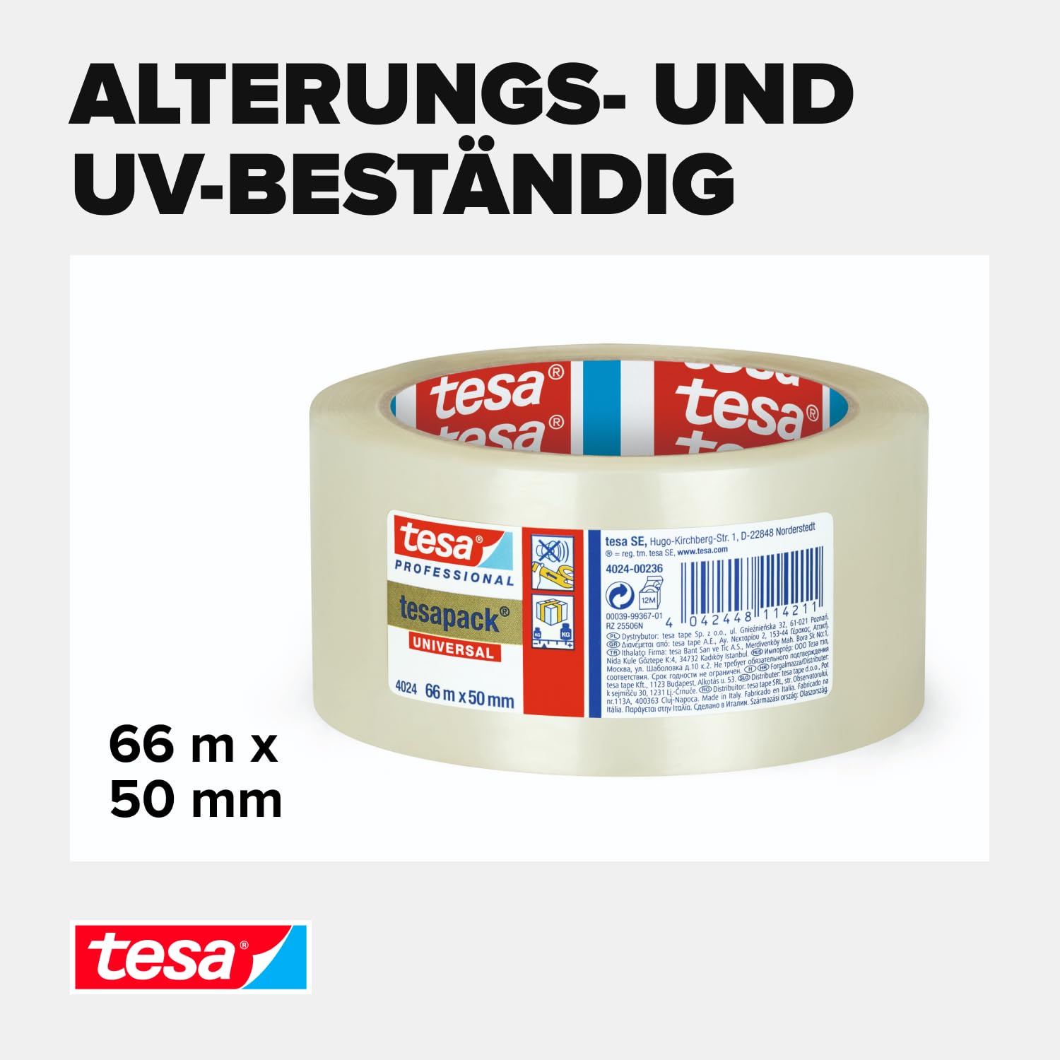 tesa tesapack 4024 Universal PP - 36er-Pack - Paketklebeband aus PE-Folie - Versandklebeband für geräuscharmes Abrollen - witterungs- und alterungsbeständig - transparent - je 66 m x 5 cm