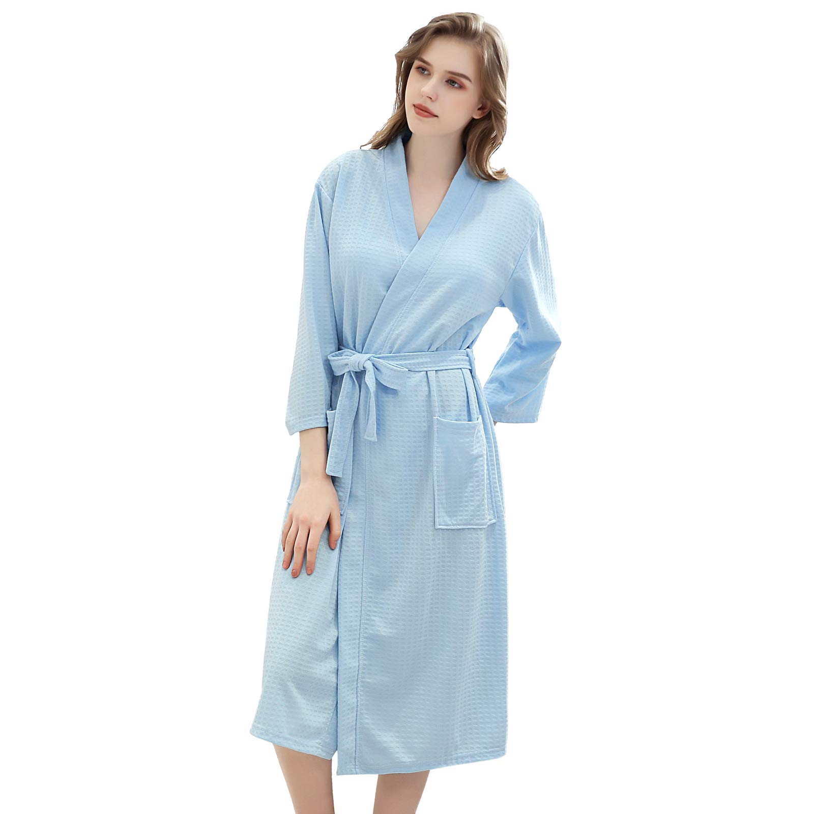 COMVIP Kimono de punto de algodón ligero para mujer, estilo waffle, albornoz de piscina de hotel, bata de noche