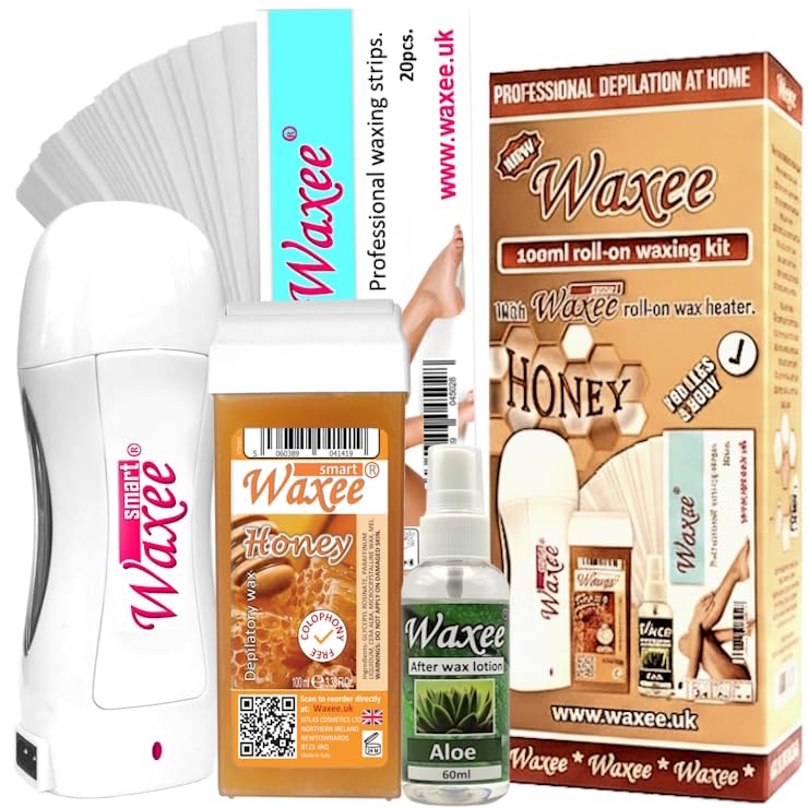 Roll-on waxing kit: 100ml roller wax cartridge wax heater after wax oil strips- Complete starter set roll-on wax system- WAXEE SMART COLOPHONY FREE (Honey)