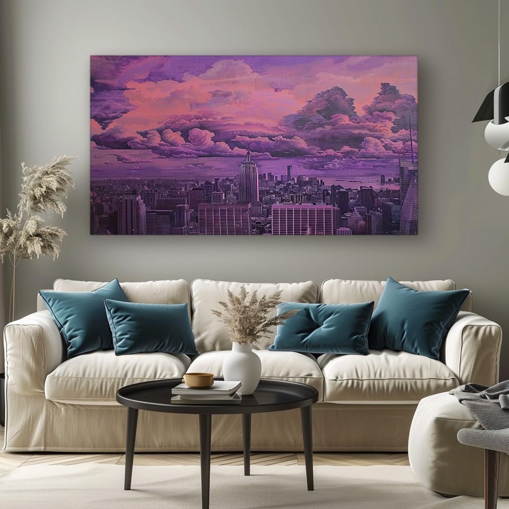 MKBKLI Abstract Canvas Wall Art for Living Room Purple City Paintings for Bedroom, Office, Kitchen - Home Decor Pictures, 70x140cm