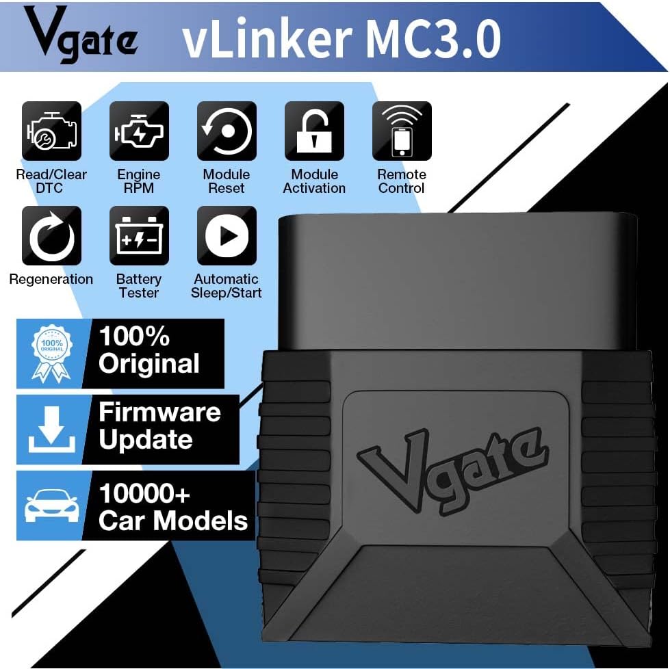 Vgate vLinker MC3.0 features including Read/Clear DTC, Engine RPM, Module Reset, Module Activation, Remote Control, Regeneration, Battery Tester, Automatic Sleep/Start, 100% Original, Firmware Update, 10000+ Car Models