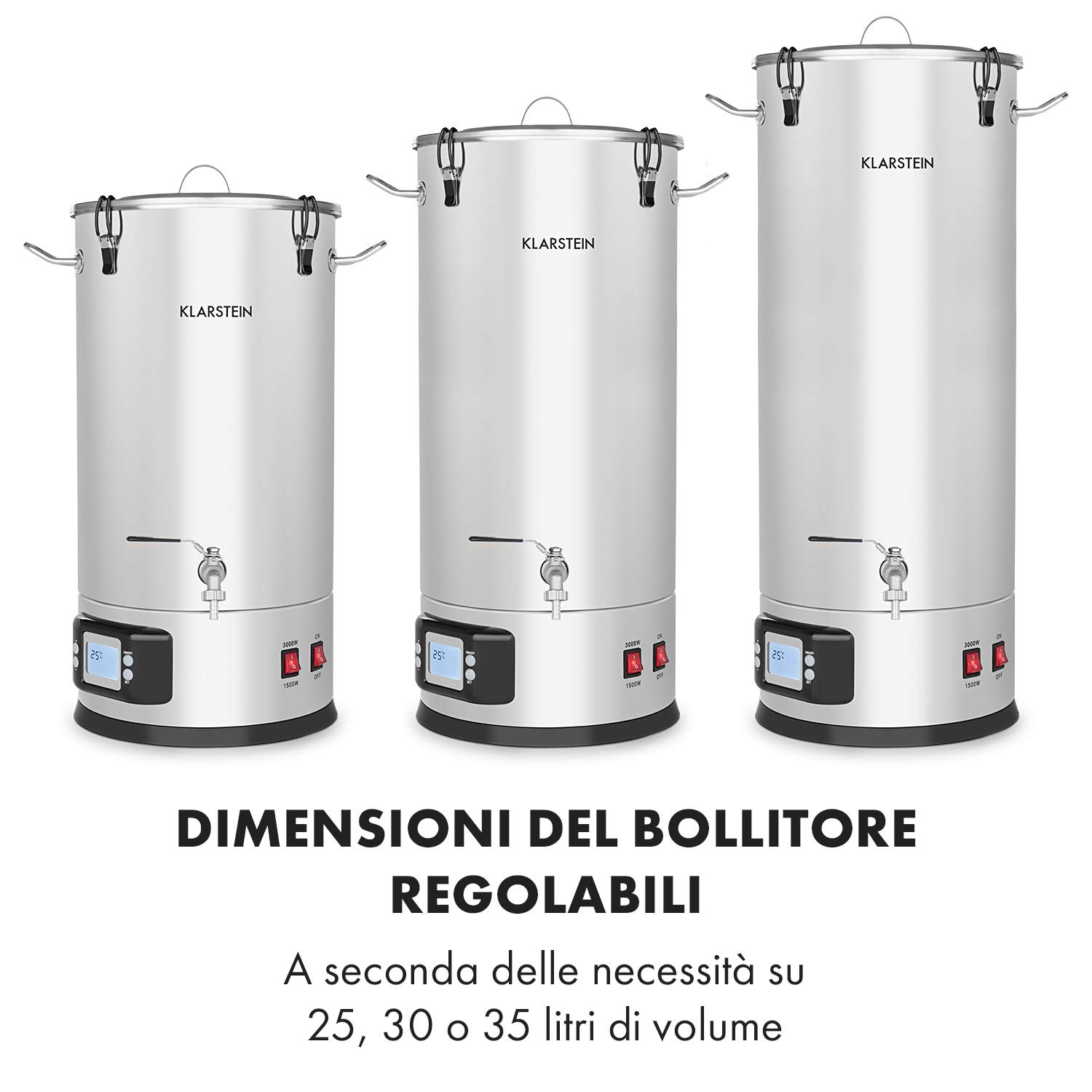 Klarstein Maischfest - Kit Birra Artigianale Completo, Fermentatore 2 Livelli di Potenza: 1500/3000 W, Kit Completo 5 Pezzi, Display LCD, Rubinetto, Acciaio Inox, 30 Litri