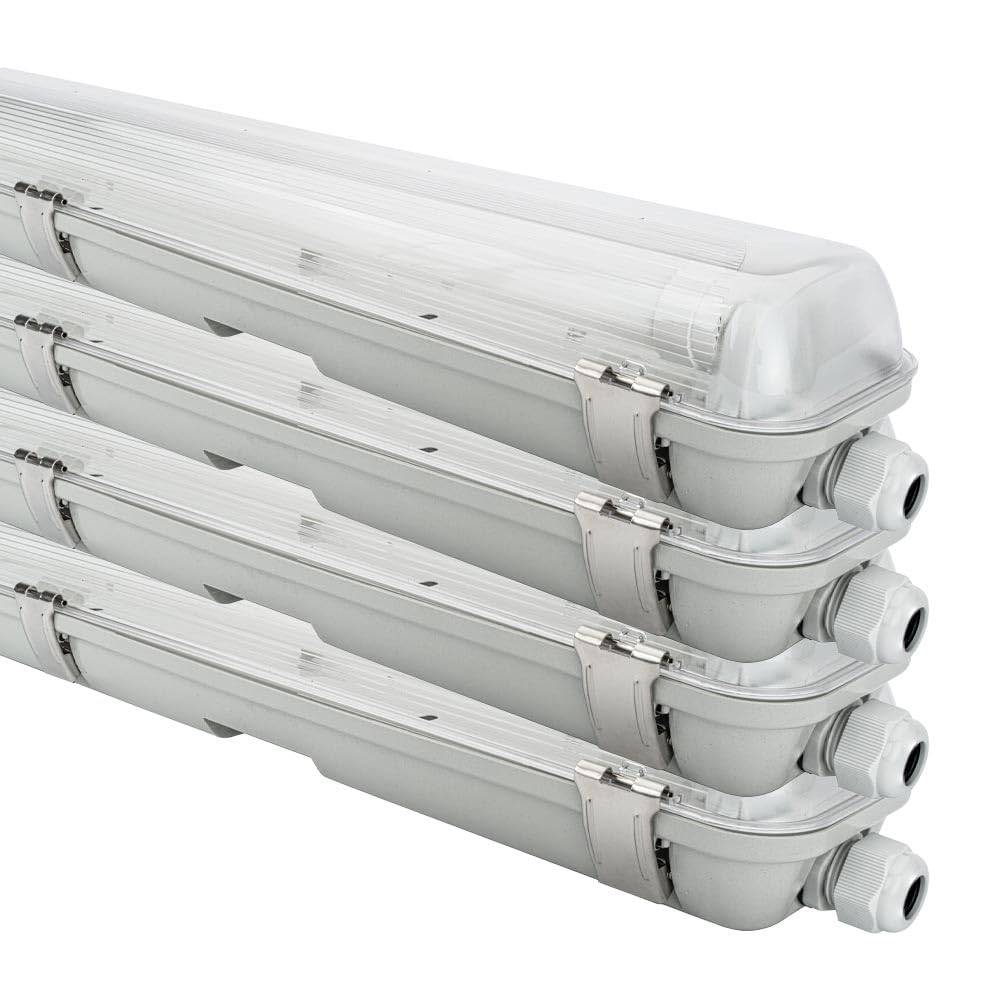 NCC-Licht 4 x LED Feuchtraumleuchte Wannenleuchte 120cm IP65 2 x 18W T8 1800 Lumen 4000K Neutralweiß durchgangsverdrahtet, Deckenlampe für Keller Werkstatt Garage