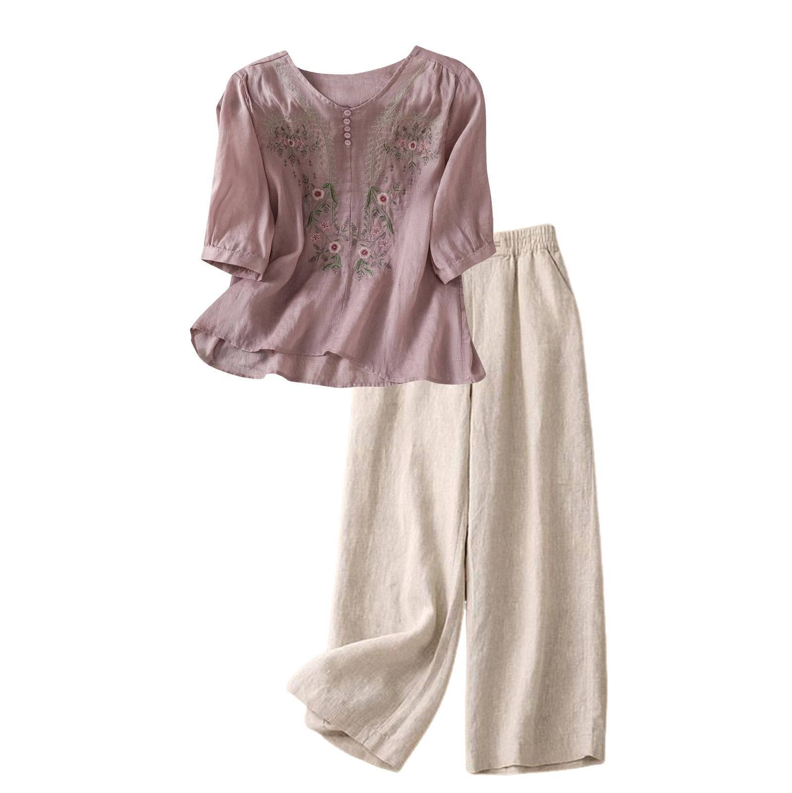 Zweiteiler Damen Elegant 2-Teiliges Set Für Damen, / 2025, 3/4-Ärmel, Bestickt, Hose, Passendes Baumwolle Und Leinen Elegante Festlich Jogginganzug Sommer Outfit Sets Hosenanzug Frauen