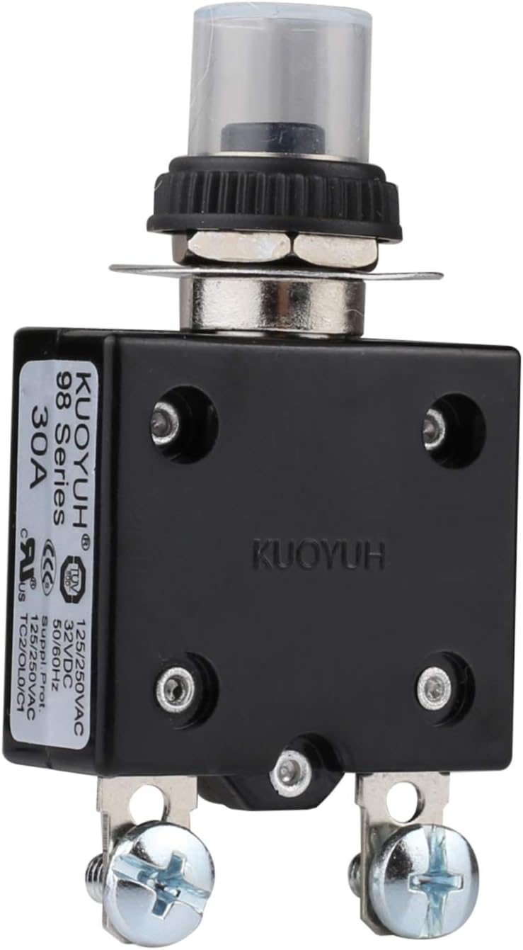 Thermal Circuit Breaker, 30A 125/250V AC 32V DC Push-Button Reset Thermal Overload Circuit Breaker with Quick Connect Terminals & Waterproof Button Cover - 98 Series