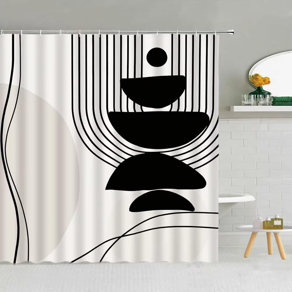 AJALGZ Black and White Shower Curtain, Abstract Mid-Century Modern Minimalist Geometric Line Art Aesthetic Vintage Bathroom Decor(120x190cm/Extra Long)