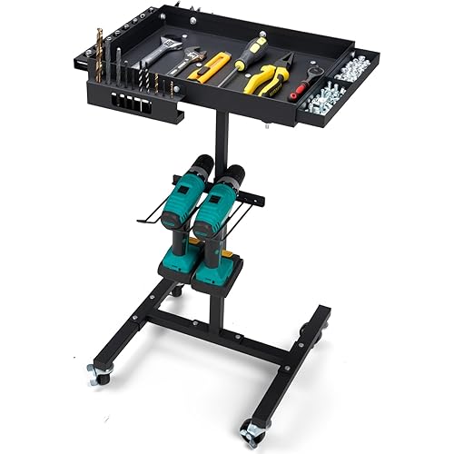 Rolling Work Table Adjustable Height - Rolling Tool Cart with Drills Storage, Portable Mechanic Cart Tool Storage Organizer on Wheels for Garage Bike Work Shop